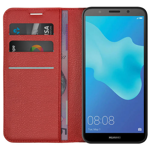 Leather Wallet Case & Card Holder Pouch for Huawei Y5 (2018) - Red